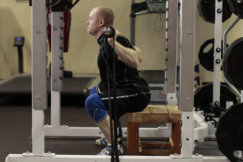 Box Squat with Bands — end position
