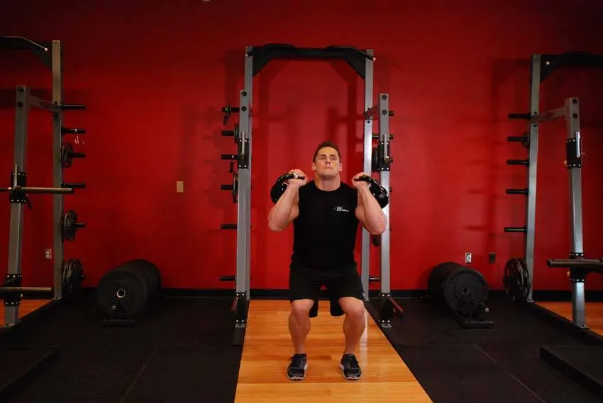 Double Kettlebell Push Press — end position