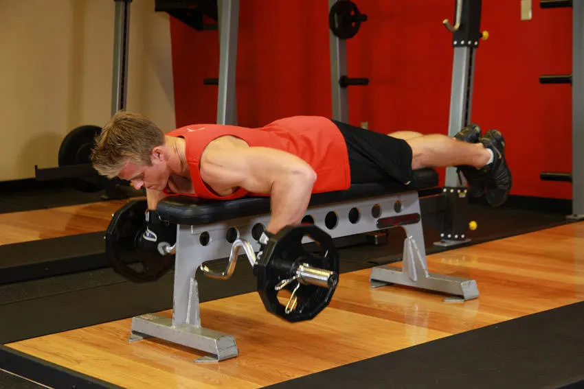 Lying Cambered Barbell Row — end position