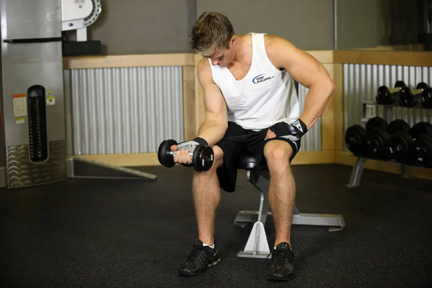 Seated One-Arm Dumbbell Palms-Up Wrist Curl exercise