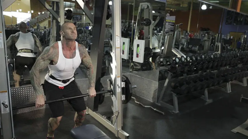Smith Machine Hang Power Clean — end position