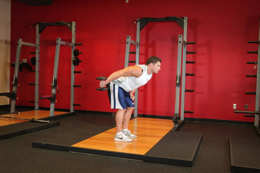 Standing Bent-Over One-Arm Dumbbell Triceps Extension — end position