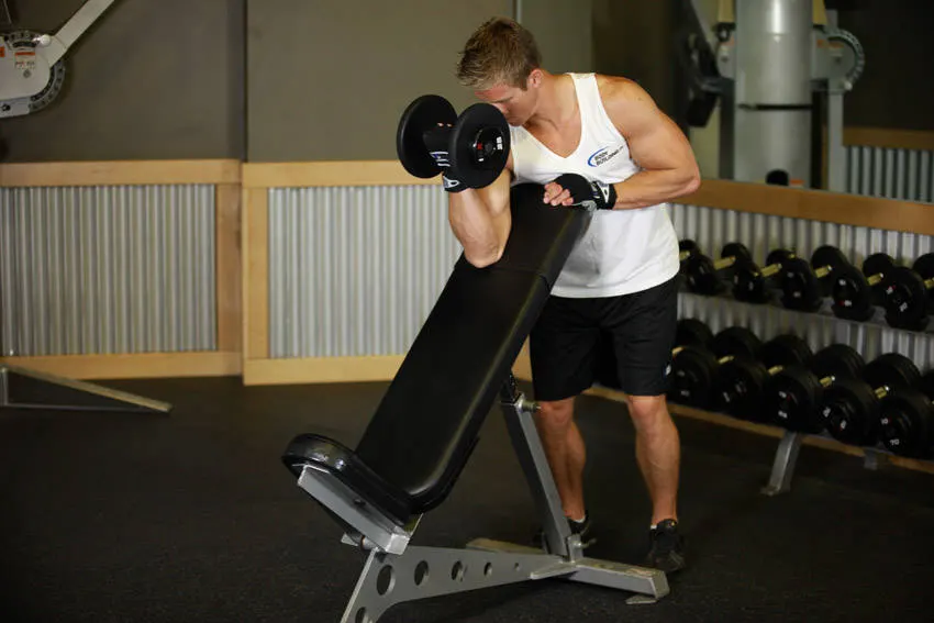 Standing One-Arm Dumbbell Curl Over Incline Bench — end position