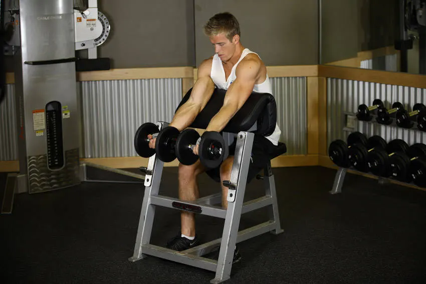 Two-Arm Dumbbell Preacher Curl exercise