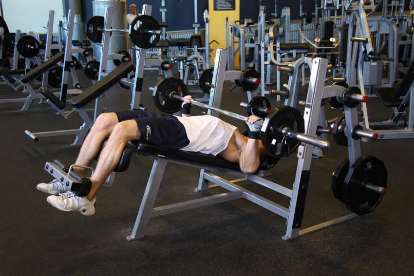 Wide-Grip Decline Barbell Bench Press — end position